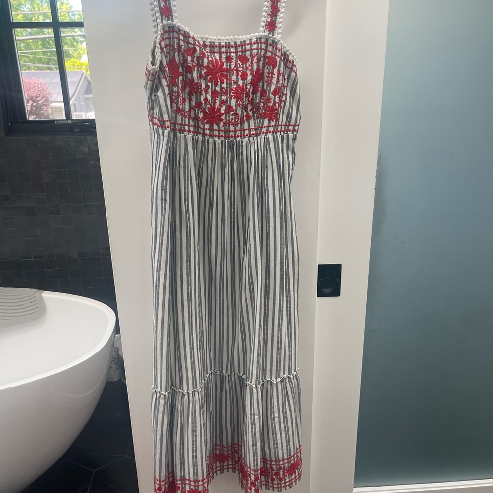 Grey and white striped maxi dress with red floral stitching